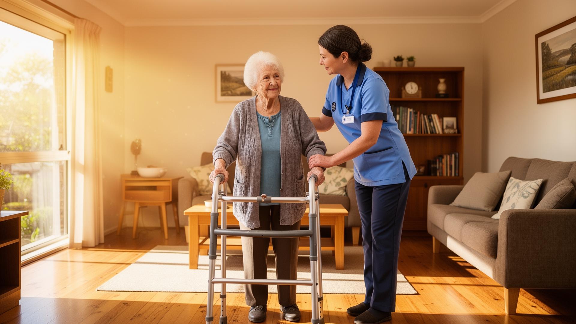 Support worker helping an older client at home