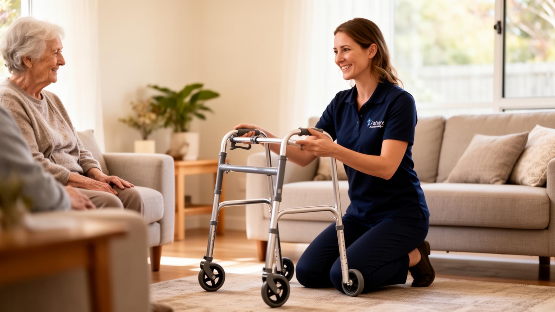 Occupational therapist demonstrating a walker during a home visit with an older Australian client