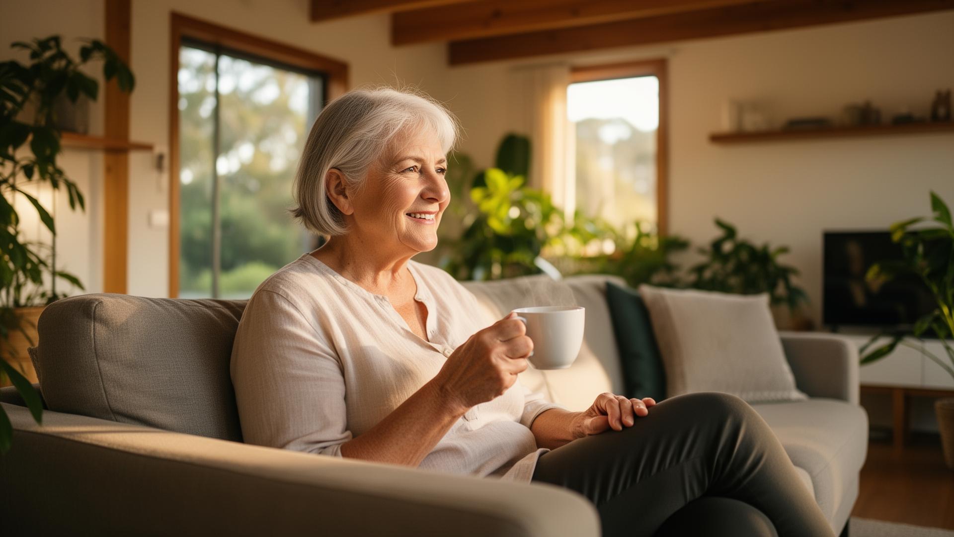 Older Australian woman enjoying tea in her warm, light-filled living room