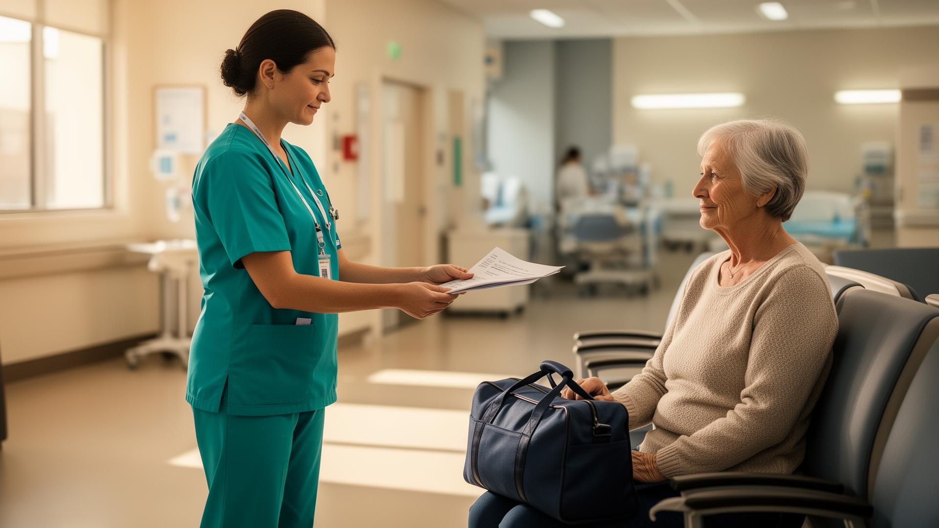 Nurse handing discharge paperwork to a patient leaving hospital